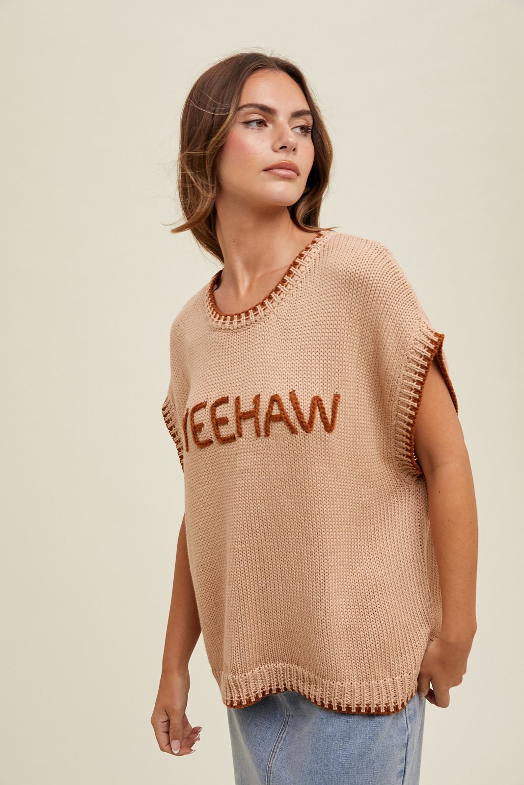 'YEEHAW' HAND LETTERED CONTRAST SWEATER