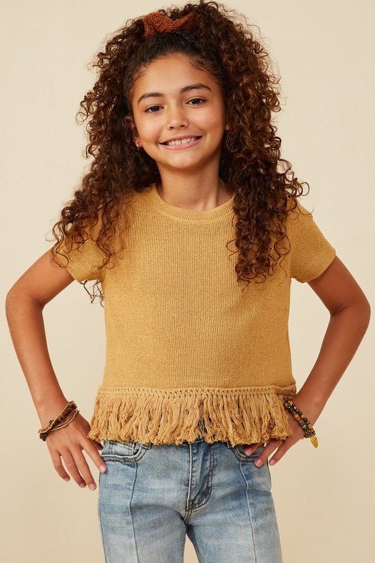 Girls Fringed Tassel Hem Textured Knit Top