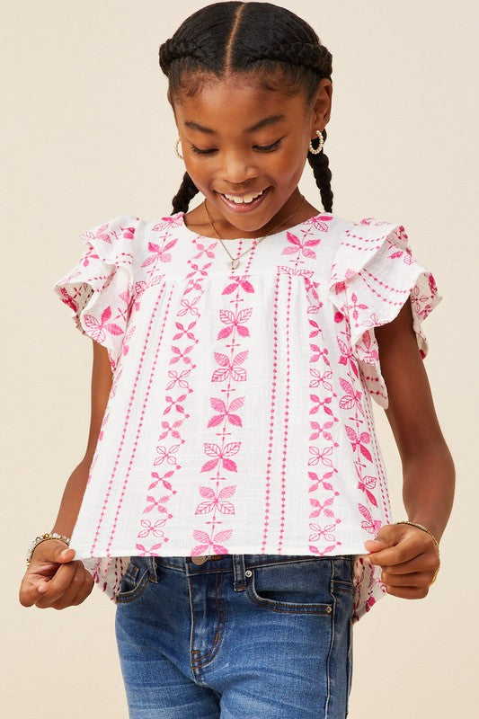 Botanical Embroidered Layered Ruffle Top