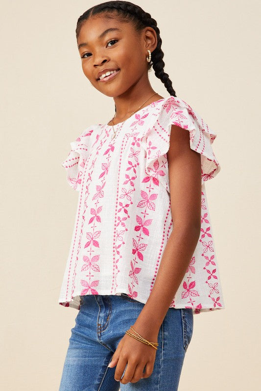 Botanical Embroidered Layered Ruffle Top