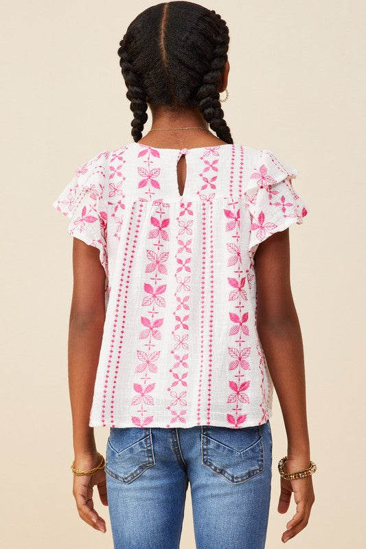 Botanical Embroidered Layered Ruffle Top