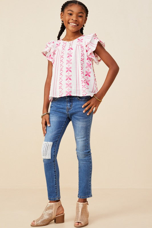 Botanical Embroidered Layered Ruffle Top