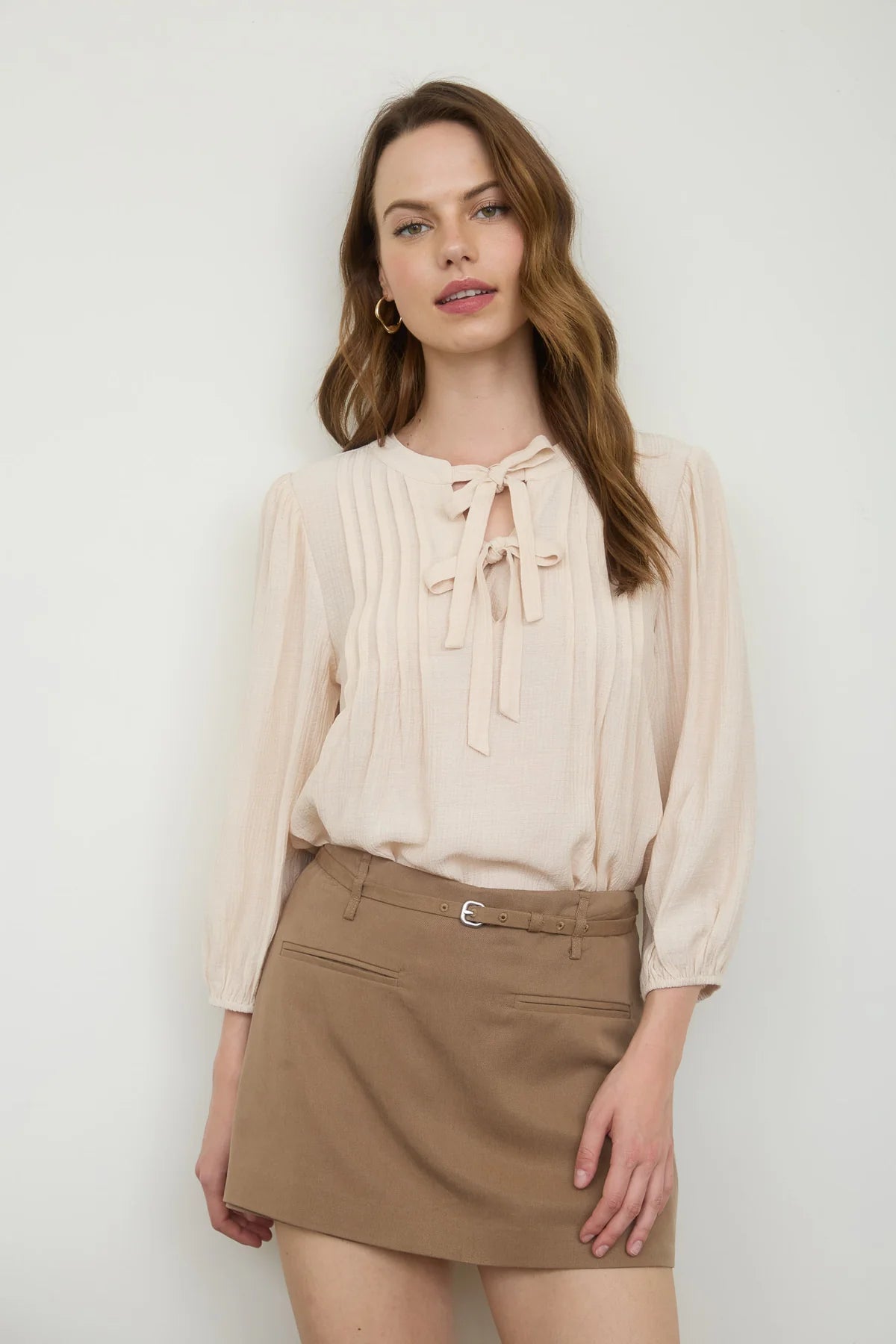 FRONT TIE PLEATED  3/4 SLEEVE TOP