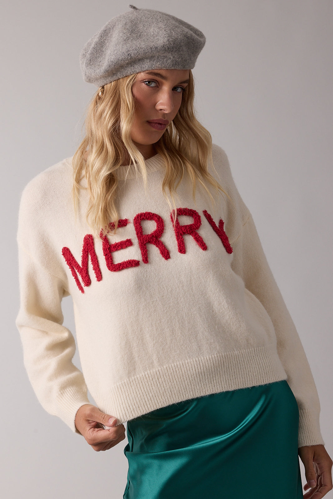 'MERRY' FLUFFY PATCH SWEATER