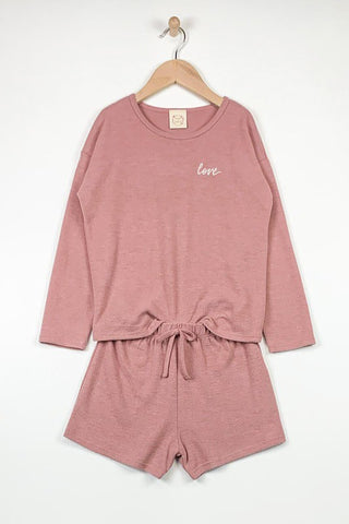 HOODED L/S TOP WITH SHORTS LOUNGE SET- HACCI BRUSHED