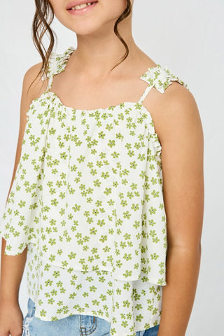 Girls Floral Pleated Strap Layered Tank