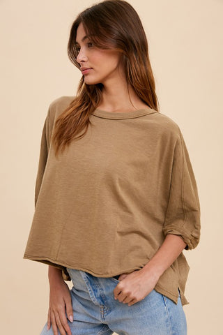 GARMENT WASHED RAW EDGE FLOWY DOLMAN TEE