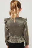 Girls Crushed Satin Smocked Ruffled Shoulder Top