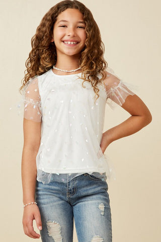 Girls Metallic Heart Foiled Mesh Top