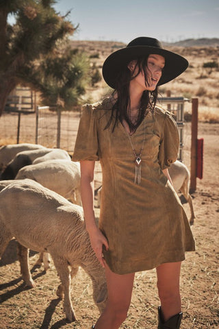 Suede V-neck Bubble Sleeve Mini  Dress