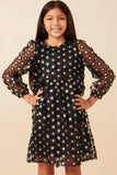 Girls Sequined Floral Mesh Long Sleeve Dress