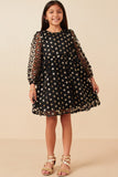 Girls Sequined Floral Mesh Long Sleeve Dress