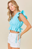 CROPPED V NECK TOP WITH TIES AND RUFFLE SLEEVES