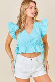CROPPED V NECK TOP WITH TIES AND RUFFLE SLEEVES