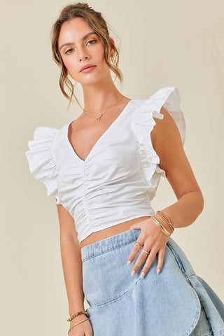 RUCHED FRONT CROP TOP WITH RUFFLE SLEEVES