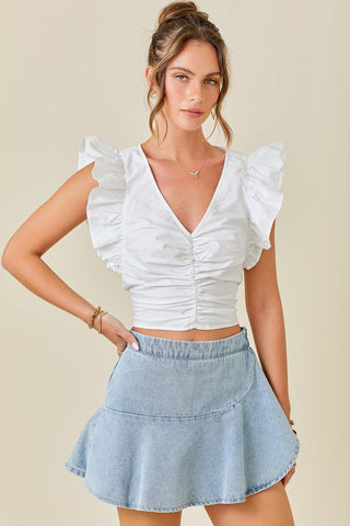 RUCHED FRONT CROP TOP WITH RUFFLE SLEEVES