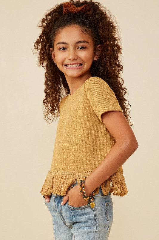 Girls Fringed Tassel Hem Textured Knit Top