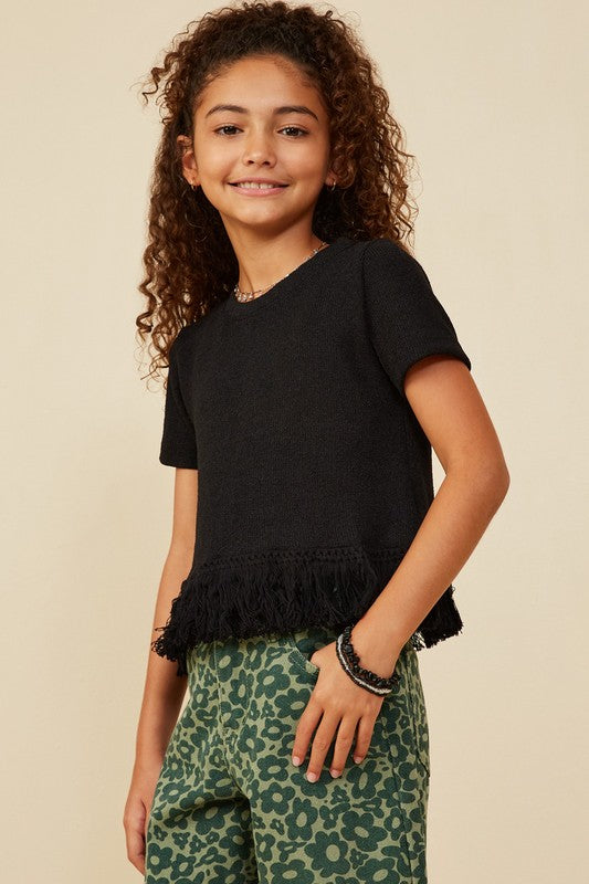 Girls Fringed Tassel Hem Textured Knit Top