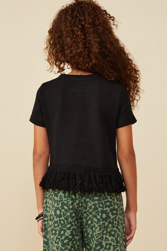Girls Fringed Tassel Hem Textured Knit Top