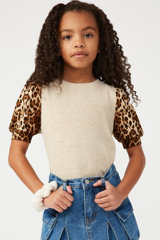 Girls Cheetah Puff Sleeve Top