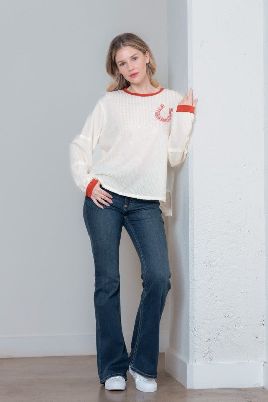 Long Sleeve Horseshoe Print Embroidery Top