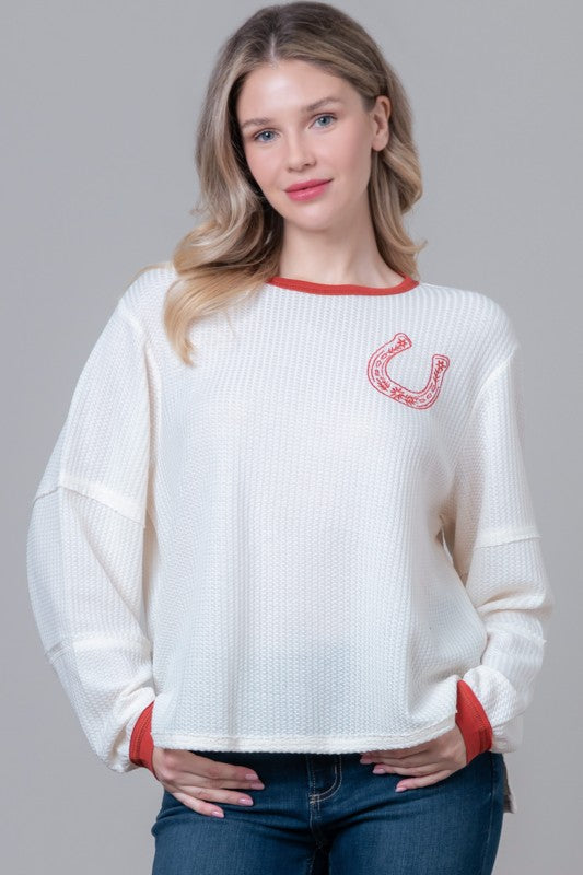 Long Sleeve Horseshoe Print Embroidery Top