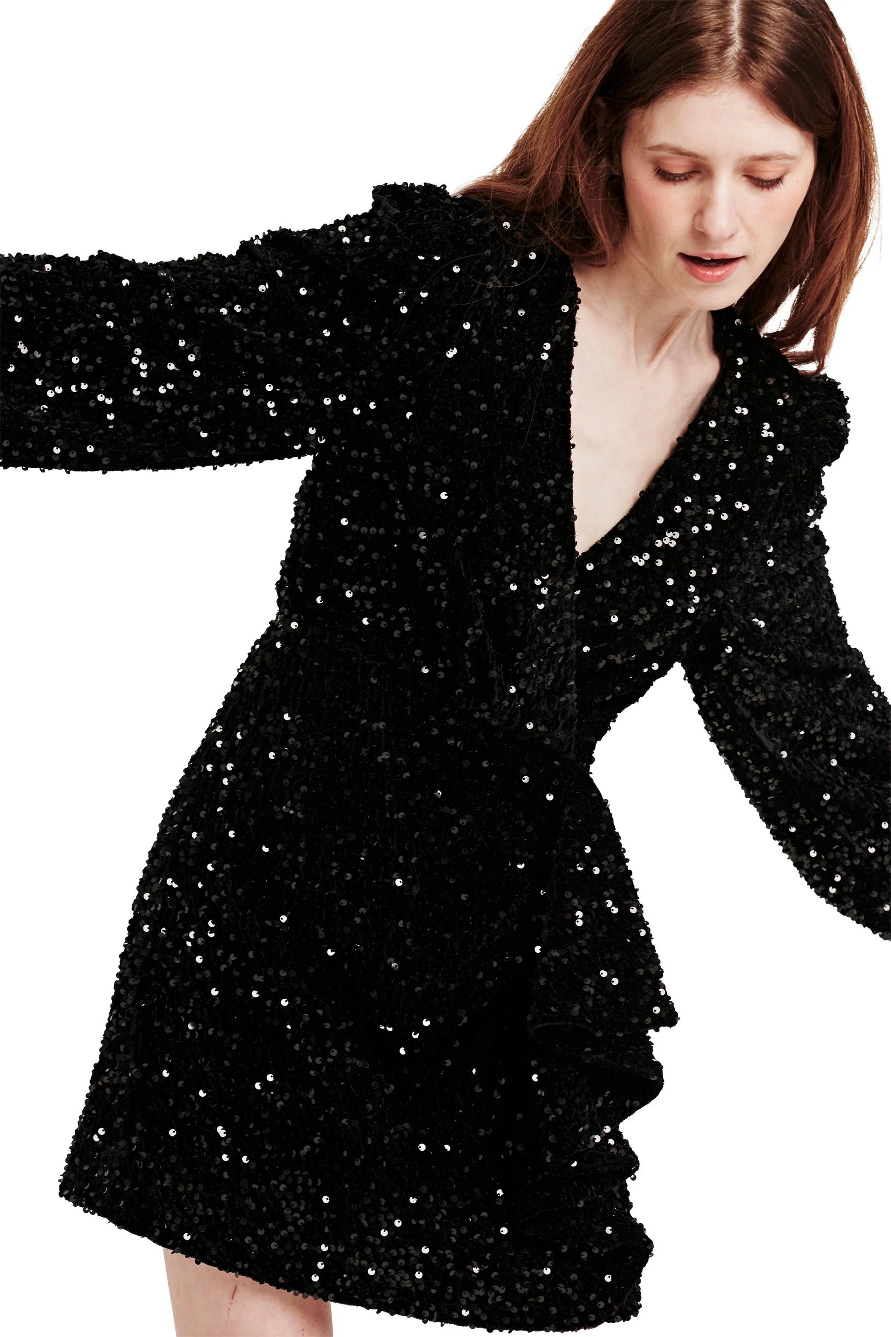 MINA FRONT WRAP DRESS BLACK SEQUIN