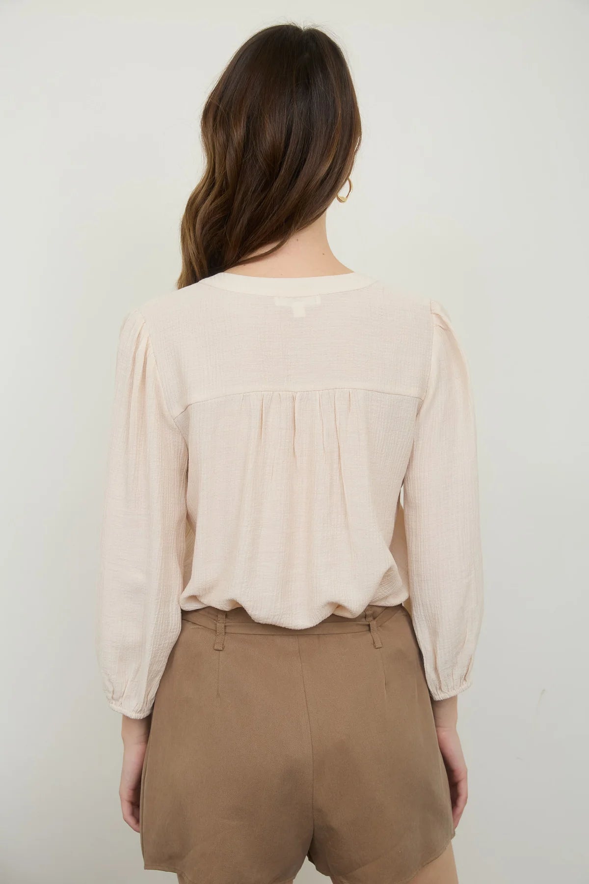 FRONT TIE PLEATED  3/4 SLEEVE TOP