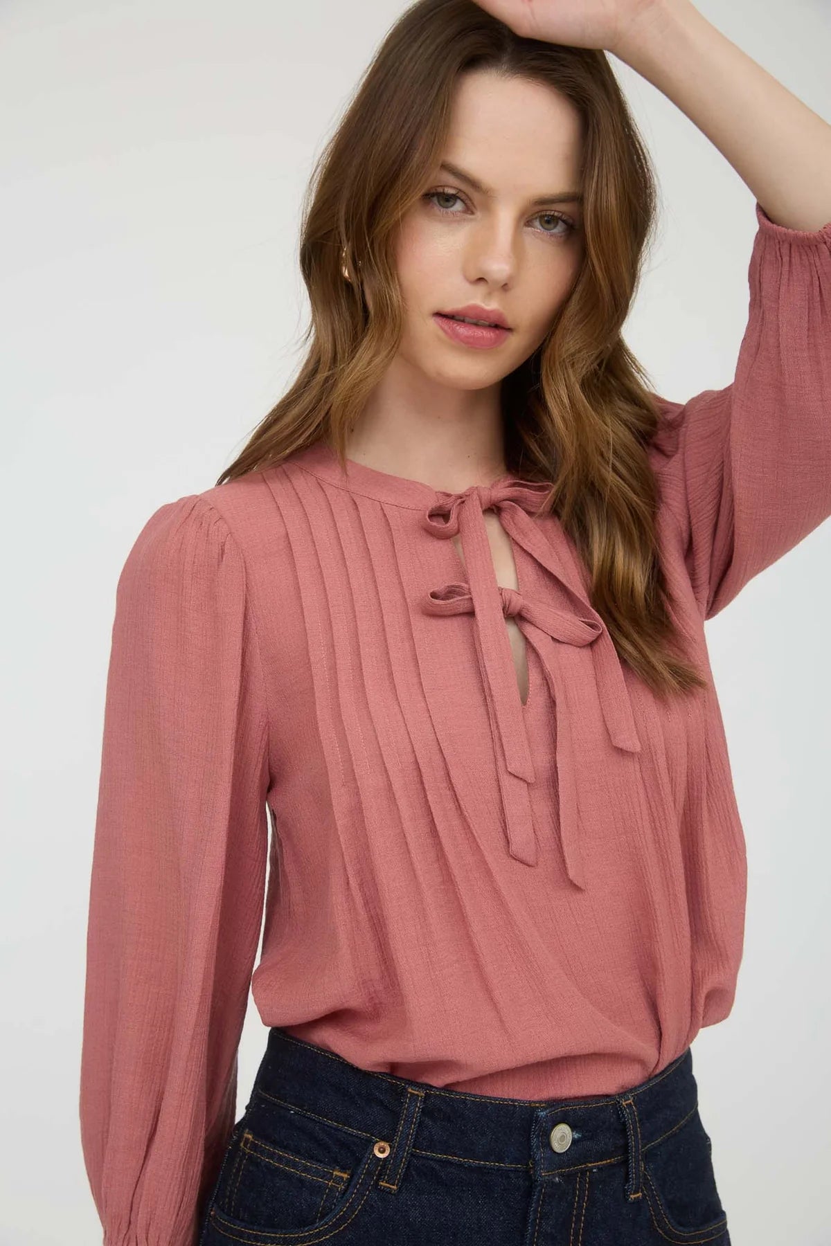 FRONT TIE PLEATED  3/4 SLEEVE TOP