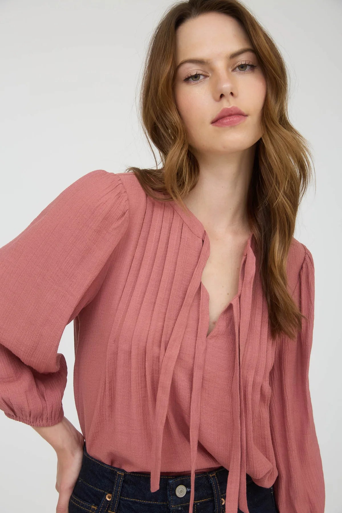 FRONT TIE PLEATED  3/4 SLEEVE TOP