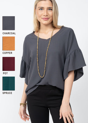 Wide V-Neck Ruffle Sleeve Top